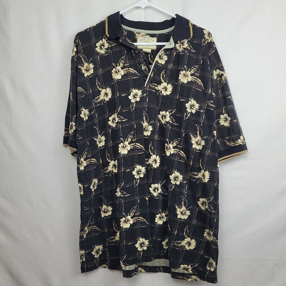 Hibiscus Mens Black Beige Cotton Floral Hawiian Vacation Cruise‎ Polo Shirt Sz L